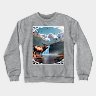 Abstract Landscape With Waterfall, Snowy Peaks, Elk Crewneck Sweatshirt